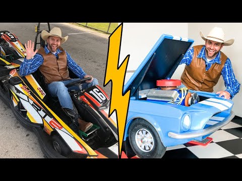 Man in a cowboy hat and blue plaid shirt sits in a yellow/black go-kart, waving at the camera; a yellow zigzag graphic divides the image from a blue open-engine car on the right, with the same man smiling nearby.