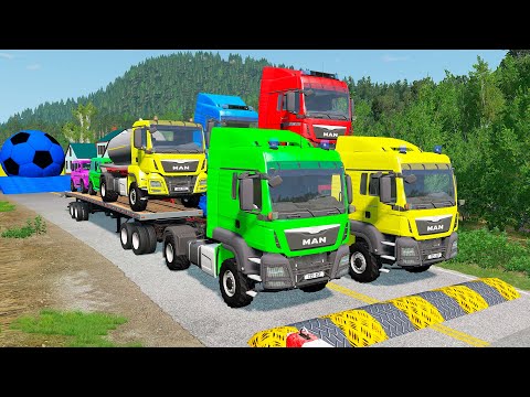Double Flatbed Trailer Truck vs Speedbumps | Train vs Cars | Tractor vs Train | BeamNG.Drive #4