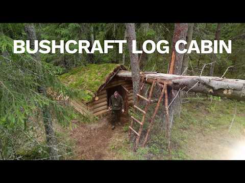 Built a Bushcraft LOG CABIN in the WILD forest from FALLEN trees - ALONE - No POWER tools- Log Hut