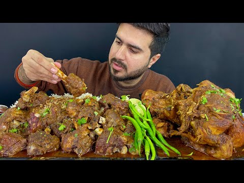 ASMR; EATING SPICY MUTTON CURRY+SPICY WHOLE CHICKEN CURRY WITH RICE+GREEN CHILLIES+EXTRA GRAVY