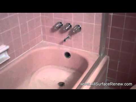 Old pink ceramic tile, bathtub, toilet, and floor refinished