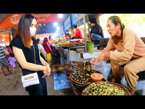 Popular Kien Svay Market, Snail, Fish, Chicken, Frog, Fruit, & More - Countryside Best Street Food