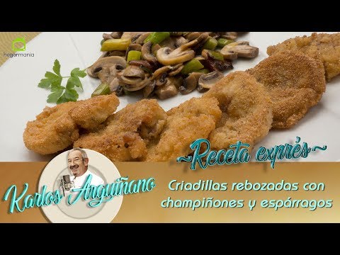 Receta de criadillas rebozadas con champiñones y espárragos salteados