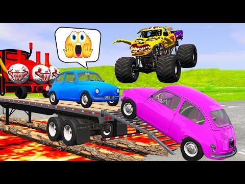 Double Bus vs Rails and Trains Avengers - Transporting Police Cars Crossing Rails with Deep Lava