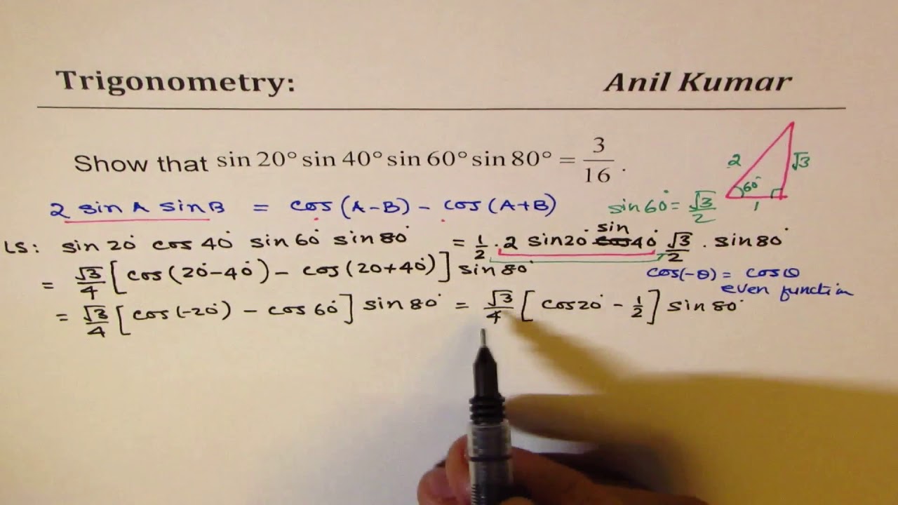 Exact value of sin20 sin40 sin60 sin80 is 3 over 16