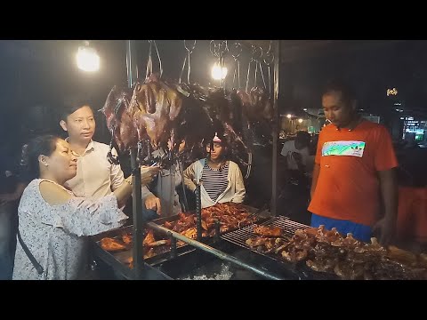 Night Street Food At Kab Kor Market- Grilled Meat, Ducks,Chicken,Quails, And Pork- Foods In The City