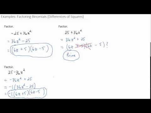Examples: Factoring Binomials (Differences of Squares)