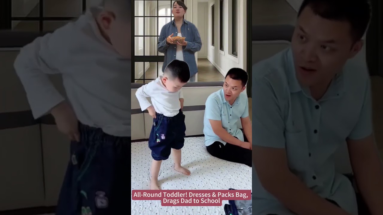All-Round Toddler! Dresses & Packs Bag, Drags Dad to School / 만능 아기 등장! 혼자 옷 입고 가방 메고 아빠 끌고 학교 갑니다
