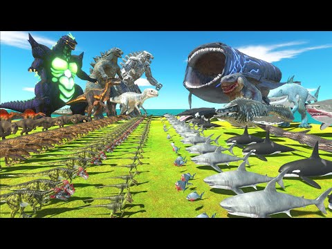 Dinosaurs revolt battle with Godzilla 2014 + MechaGodzilla + Super Godzilla VS Team Bloop Megalodon