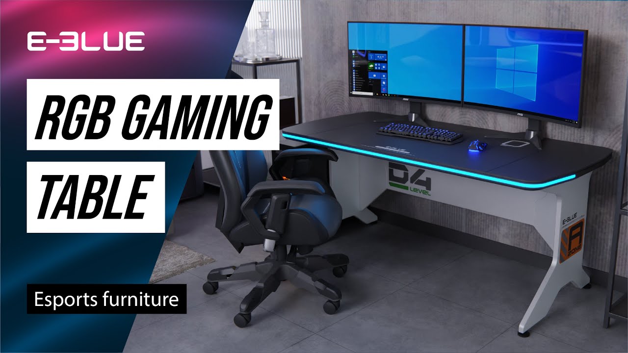 E-Blue Gaming Table, IA Scion Base, Support Max 43" Monitor, Ergonomic Shaped & Anti-scratch , RGB Gaming Desk Metal Structure & MDF Desktop for Durability, Easy to Install, Gray | EGT571BWHRR-IA