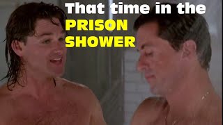 Prison shower Stallone & Russell; good-natured locker room humor