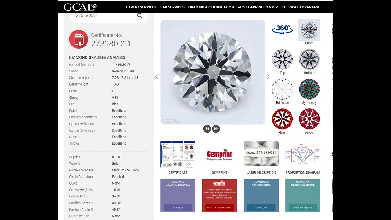 GCAL's Guaranteed Diamond Grading Certification verification page with 360 Video