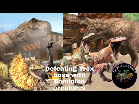 Defeating Trex boss with Dominion creatures MESOZOIC TYRANTS Jurassic world alive