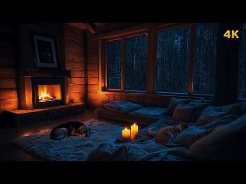 Autumn Thunderstorm with Crackling Fireplace | Cozy Cabin, Rain on Windows and Sleeping Dog