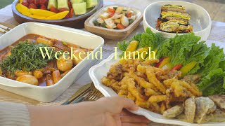 주말에 집밥 요리해먹는 일상 | 7가지 요리 🥘 상추튀김 | 표고버섯 갈비찜 | 비빔냉면 | 사각김밥 | 국물떡볶이 | 깻잎호박전  | 양파장아찌