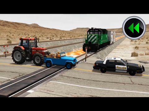 Reverse Trains vs Lava Crosses Road and Double Rails - BeamNG Drive