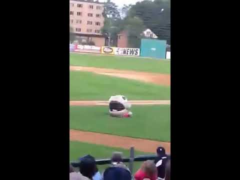 This baseball mascot is hungry.