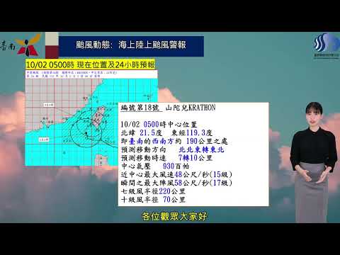 2024/10/02 0800 山陀兒颱風減弱為中度颱風，行進速度緩慢，路徑偏西修正，對本市威脅提高