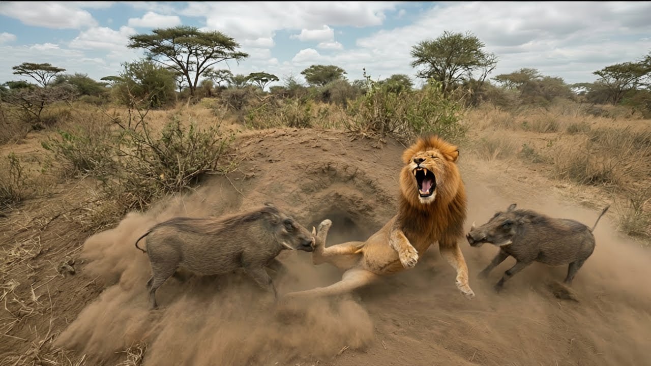Lion Hunting Warthog In The Territory Of Warthog Family And Unbelievably Sad Ending
