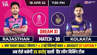 RR vs KOL, RR vs KKR Dream11 Team Prediction, Rajasthan vs Kolkata, Ipl Match 30, Winner Prediction
