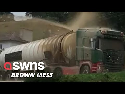 Moment tanker lorry sprays 13,000 litres of thick brown liquid all over UK road | SWNS
