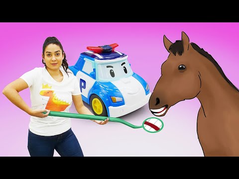 Spielzeug Video für Kinder aus der Lustigen Schule. Robocar Poli auf dem Bauernhof. Kinder Cartoons