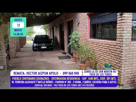 Héctor Aizpun remate judicial distinguida residencia en Pueblo Centenario (Durazno)