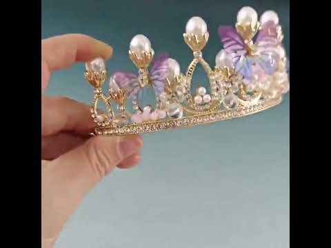 Butterfly pearl crown, headwear crystal tiara crown, pearl c...