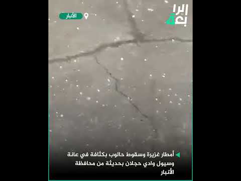 شاهد بالفيديو.. أمطار غزيرة وسقوط حالوب بكثافة في عانة وسيول وادي حجلان بحديثة من محافظة الأنبار
