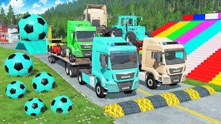 Flatbed Trailer McQueen Transportation with Truck - Speedbumps vs Cars vs Train - BeamNG.Drive #580