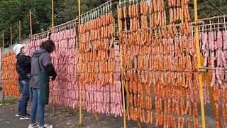 traditional chinese sausages, smoked pork belly making - taiwanese street food