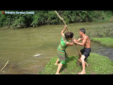 Girl Fishing at River - Primitive Fishing Skills Catch Big Fish for Survival