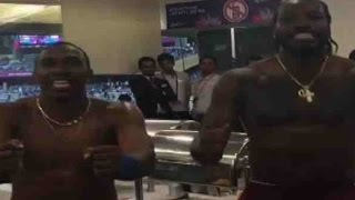 Chris Gayle and Dwayne Bravo’s champion dance after winning the semi-final match