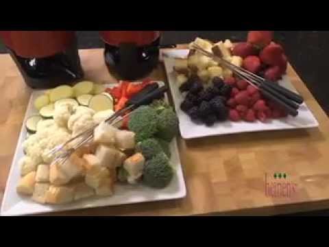 Cheese and Chocolate Fondue with Fresh Vegetables, Berries and Baked Goods