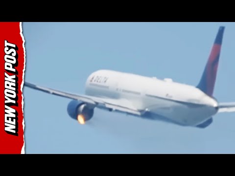 Delta plane makes emergency landing after engine bursts into FLAMES following takeoff