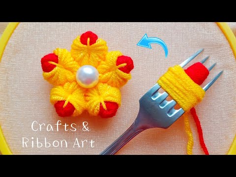 Amazing Woolen Flower Making Ideas with Fork - Hand Embroidery Easy Trick - DIY Woolen Flowers