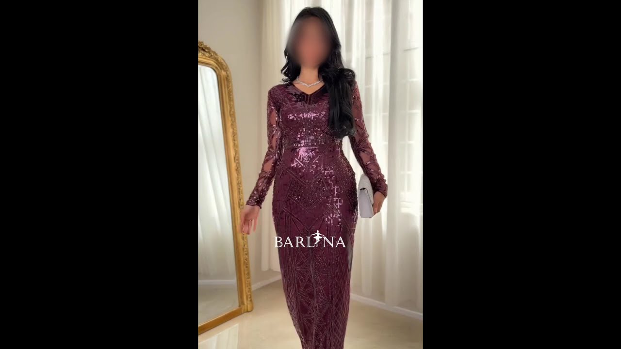 فستان سهرة عنابي ضيق ومطرز  - XXL