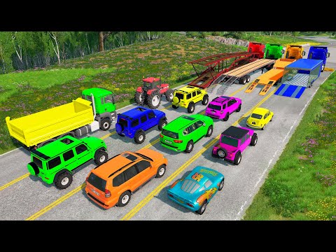 Flatbed Trailer Cars Transportation with Truck - Speedbumps vs Cars vs Train - BeamNG.Drive #101
