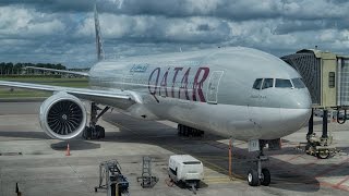 Qatar Airways Boeing 777-300ER takeoff from Amsterdam