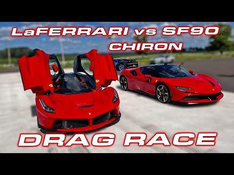 Ferrari LaFerrari vs SF90 Stradale vs Chiron 1/4 Mile Drag and Roll Races