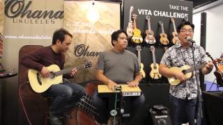 Ohana Ukuleles Bass Ukulele at NAMM 2014:  Daniel Ho, Jason Arimoto, Brad Ranola