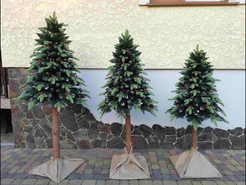 Елка литая на пне Корал 2.20м с жемчугом и инием // Ёлочка на натуральном стволе - фото 1 - id-p1663222356