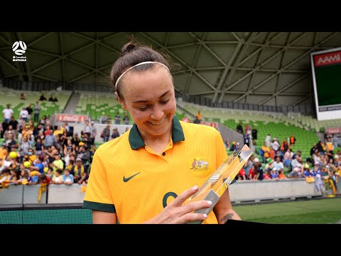 Caitlin Foord is presented with the Rebel Sport Player of the Match for AUSvSWE