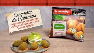 LA COCINERA 👨‍🍳 Hoy cocinamos… Croquetas de espinacas sobre salsa de piquillos y milhojas de manzana anuncio