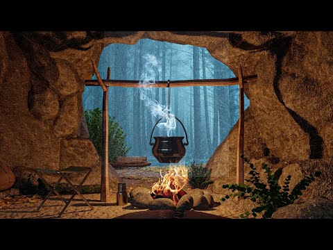 Hiding from a Heavy Rain and Thunderstorm in a Cozy Warm Cave in the Forest  #CaveRainAmbience