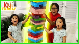 Ryan vs Emma and Kate play Color Blocks Giant Jenga Challenge!