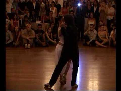  Adrian Veredice  and  Alejandra Hobert  are  dancing  to  the  nontraditional song  "  Sin Lagrimas  "  at  Istanbul Tango Festival