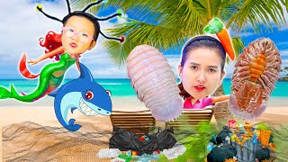 Changcady và em Cam thu gom rác ngoài biển, gặp cá mập baby shark, con bọ biển