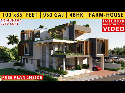 100' x 85' FEET HOUSE PLAN DESIGN | 4BHK BUNGALOW  | 950 GAJ | 8500 SQFT FARMHOUSE | 3D WALKTHROUGH