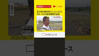 苫小牧市の錦多峰（にしたっぷ）川、サケやマスの禁漁期間が伸びたことを市職員がPR